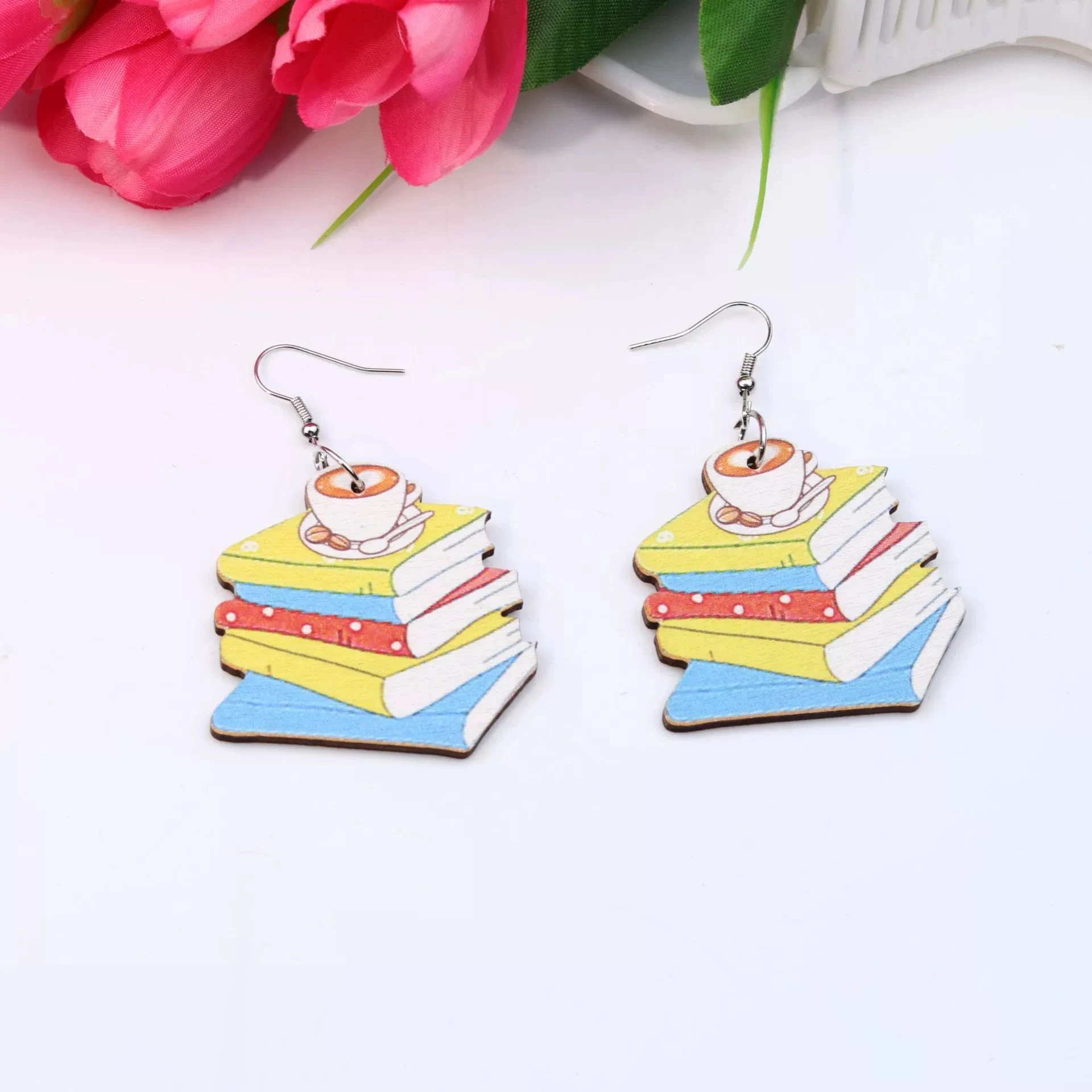 Cute Korean Style Colorful Books Pencil Wood Dangle Earrings Teacher'S Day Homecoming Season Campus Jewelry Gifts