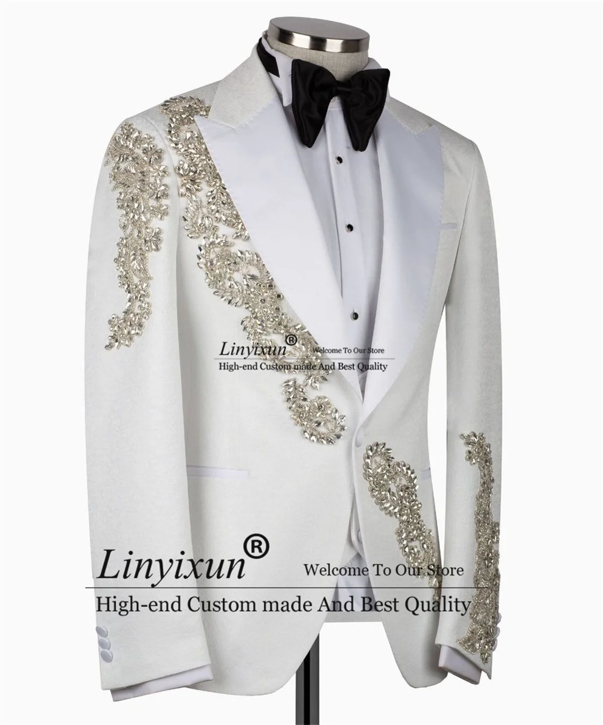 Luxury Beaded Appliques Tuxedo Men Suits Glitter Lace Groom Wedding 3 Pieces Sets Bridegroom Prom Blazers Slim Fit Costume Homme