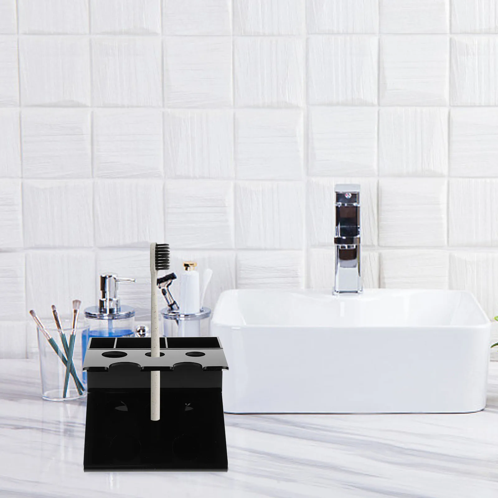 

Acrylic Storage Box Black Razor Holder Makeup Organizer Bathroom Vanity Desktop Toothpaste Holder Compact Lightweight