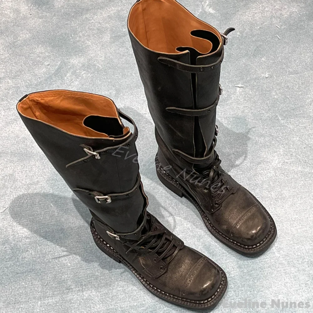 Retro Catwalk Fashion Knee High Boots Women Round Toe Platform Cross Strap Chunky Heels Frosted Leather Boots New Knight Boots