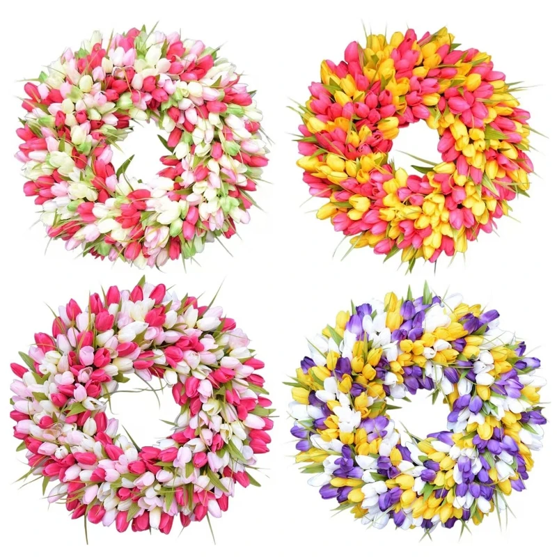 Artificial Tulip Wreath Simulation Wedding Decoration Wall Hanging Garland for Easter Springtime Party Front Door Decor