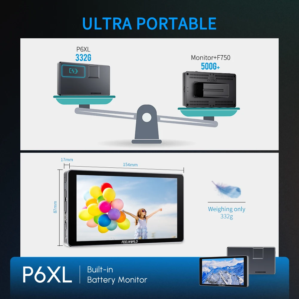 FEELWORLD P6XL 6" 1200NIT High Brightness Aluminum Camera Monitor Built-in Battery HDMI Outdoor Use Factory Direct Bulk Order