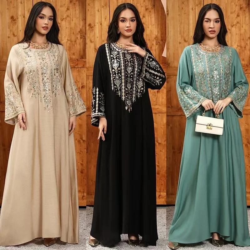 

Ele High Waist Long Sve Sequined Robe Dr Middle East Arab Faion Loose Gown for Date And Daily Wear Pure Color