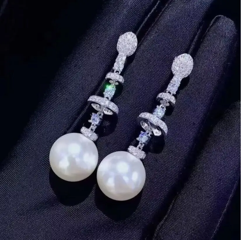 charming pair of 10-11mm 9-10mm south sea round white pearl dangle earring 925s