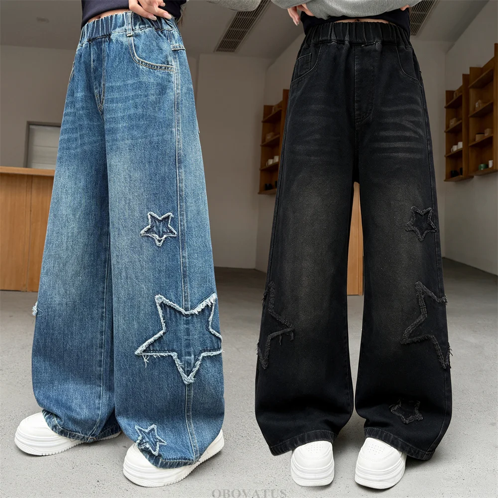 New Fashion Kids Children High Street Straight Fit Jeans with Slash Stars for Tweens Girls Elegant Casual Black Blue Denim Pants