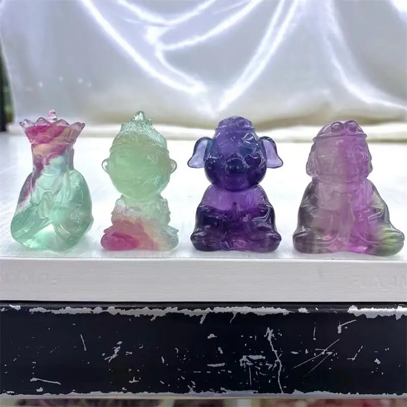 4PCS Natural Colored Fluorite Journey To The West Cartoon Statue Hand-Carving Healing Fengshui Home Decoration Gift