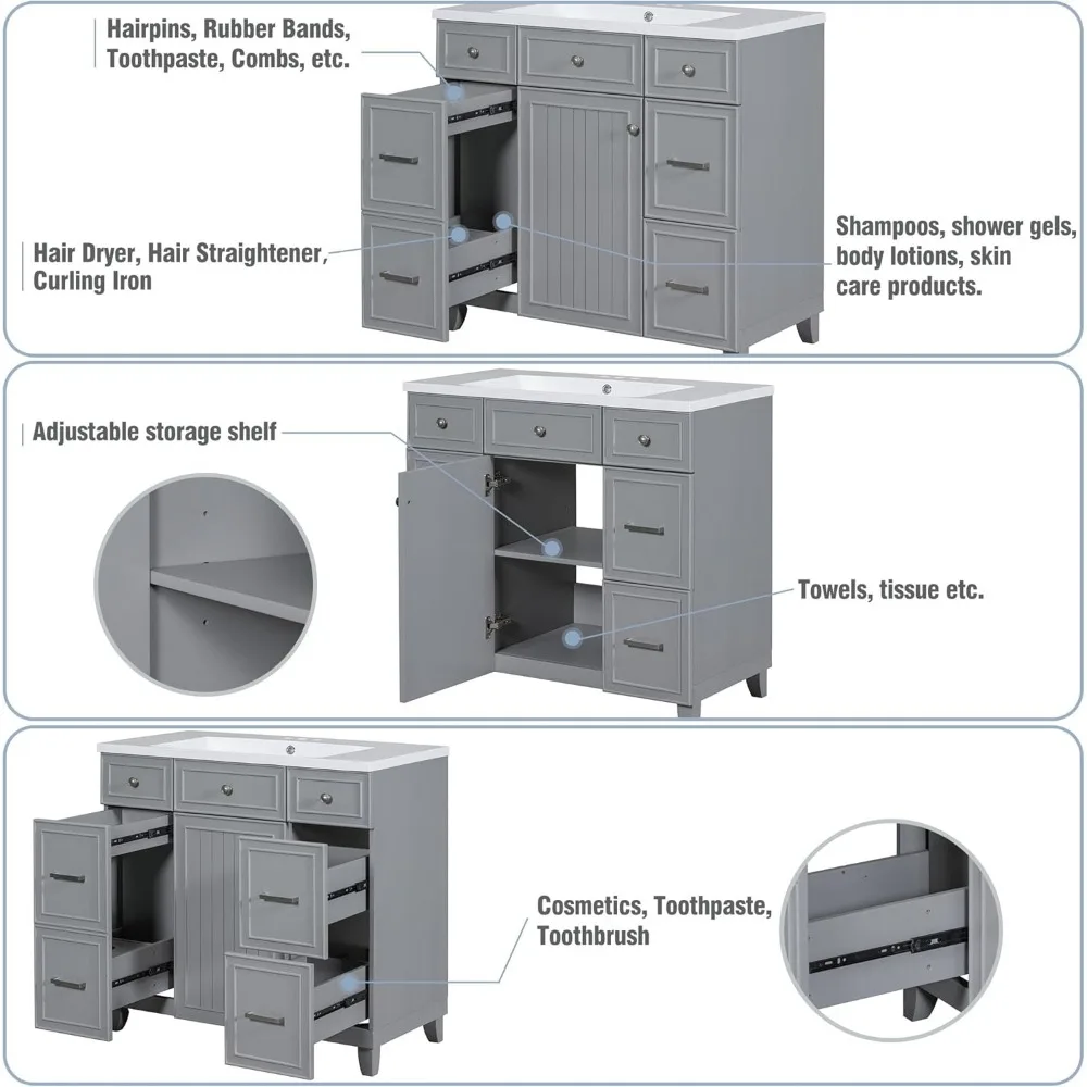 36-дюймовый туалетный столик для ванной комнаты с верхней частью раковины, серый шкаф, одинарная раковина, шкаф-шейкер с мягкой закрывающейся дверью и ящиком