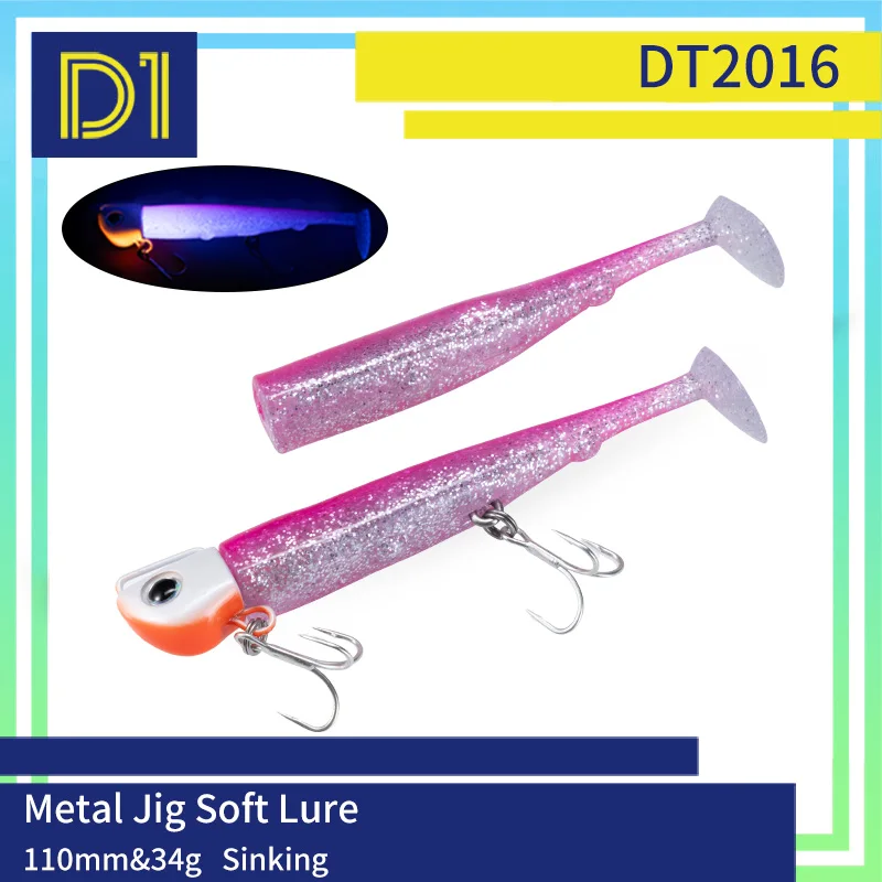 D1 110mm 34g Sinking Metal Jig Soft Fishing Lure UV /Glow Paddle Tail Bait with Double Treble Hooks Saltwater for Sea Bass Pike