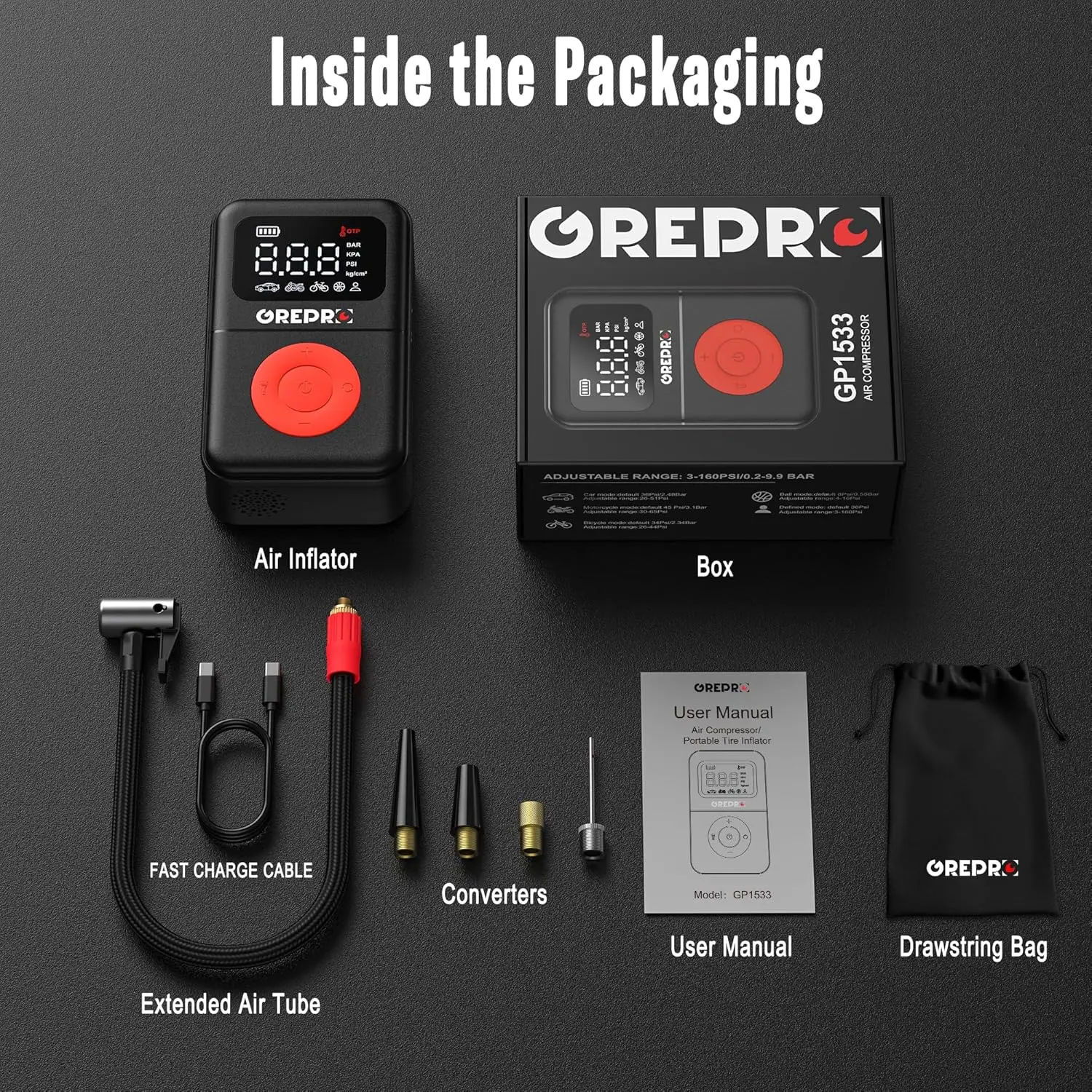 Portable Tire Inflator 160 PSI Air Compressor with Digital Gauge, LED Light & Adapters for Car, Motorcycle, Bike