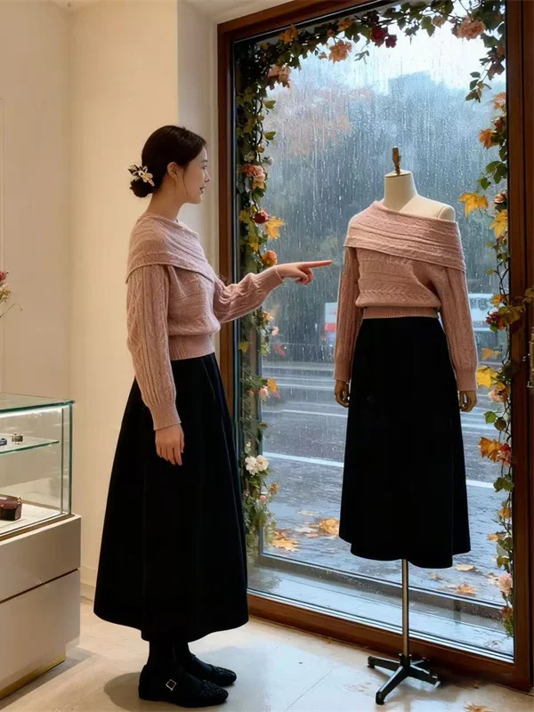 

Korean Sle Aosphere oulder Bared Women's Two Piece Set Early Autumn Slimming Skirt Long Sve round Ne Sweater
