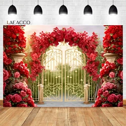 Laeacco Red Rose Flower Garden Backdrop Spring Floral Vintage Gate Floral Wedding Bridal Party Portait Photography Background