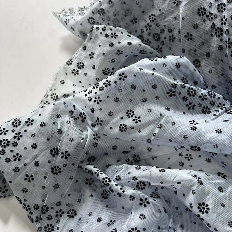 Lyocell/Nylon Flocking Small Black Flower Light Blue Very Thin Fabric Tissue for Summer Dress Blouse Shirt Skirt Craft Textile