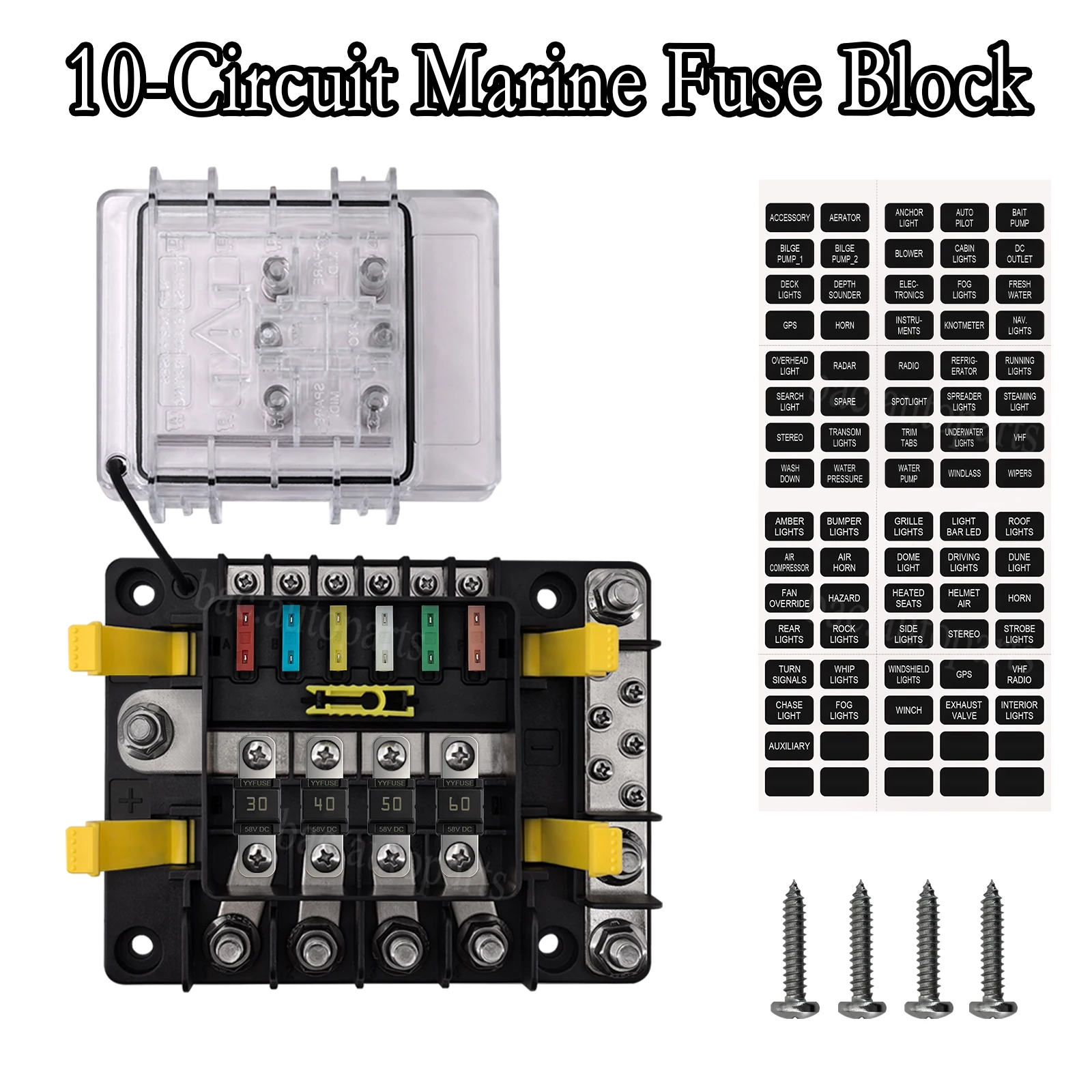 10Circuit Marine Fuse Block 12V 24V Boat Fuse Panel with Negative Bus Bar Splash-Proof Ignition Protected Power Distribution Box