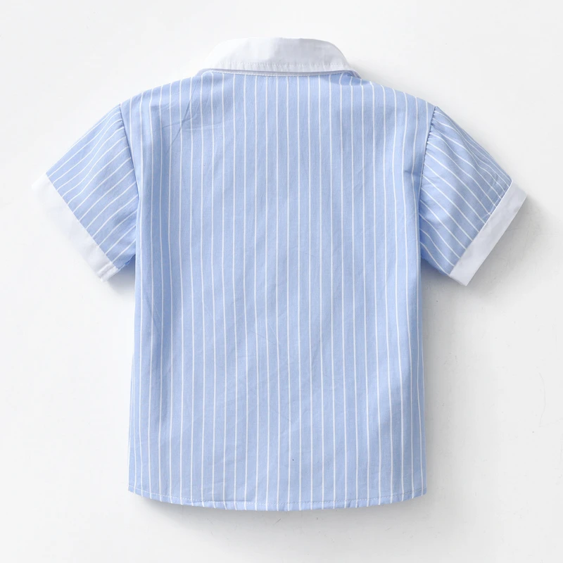 Summer Boys Light Blue Striped Short Sleeved Shirt ins New Children's Lapel Patchwork Casual Buttons Cardigan Formal Shirts