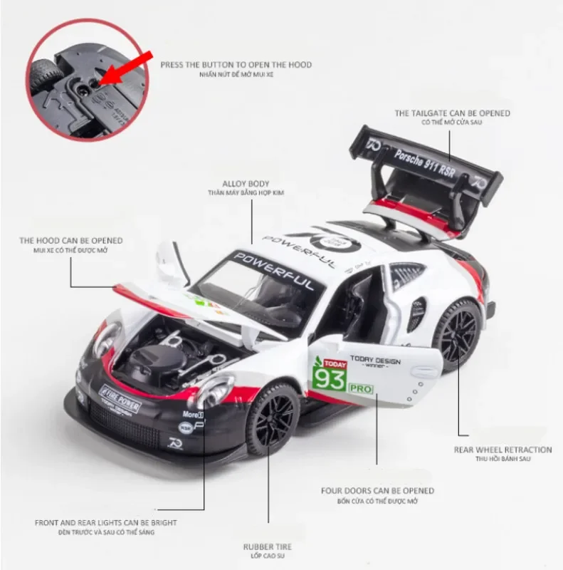 1:32 Porsche 911 RSR Alloy Car Model Sound and Light Pull Back Collection Diecast Vehicles Car Toys for Kids