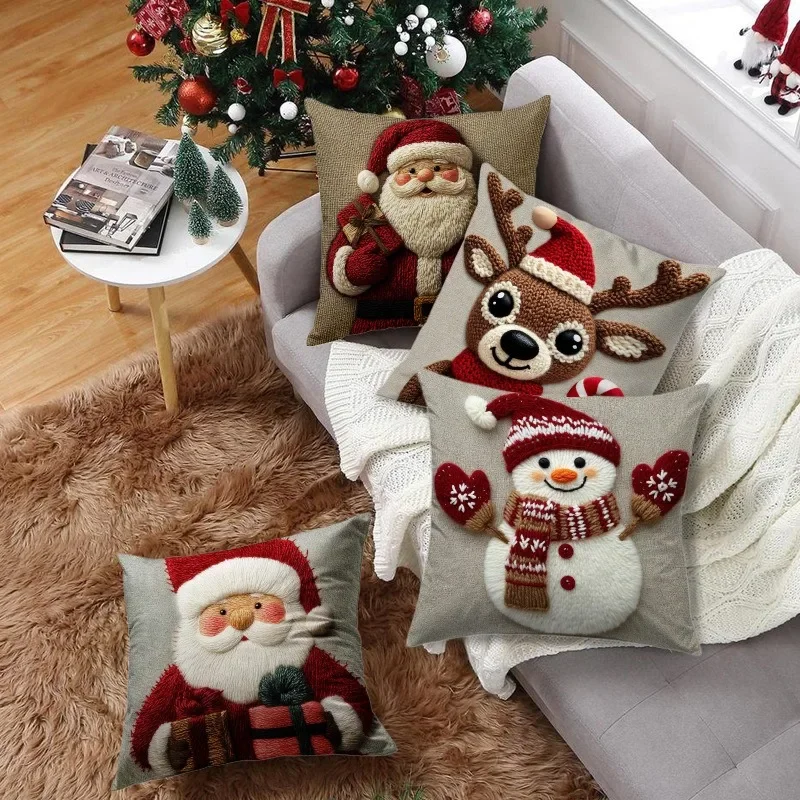 2025 45cm Grey Red Christmas Cushion Cover Cartoon Santa Snowman Elk Design Sofa Pillowcase Home Bed Car Decor Merry Christmas