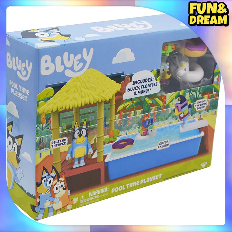 Oryginalne Bluey Pool Scene Dolls Beach Splash House Playset Beach Cottage Set Pełny zestaw lalek Beach Resort Prezent urodzinowy