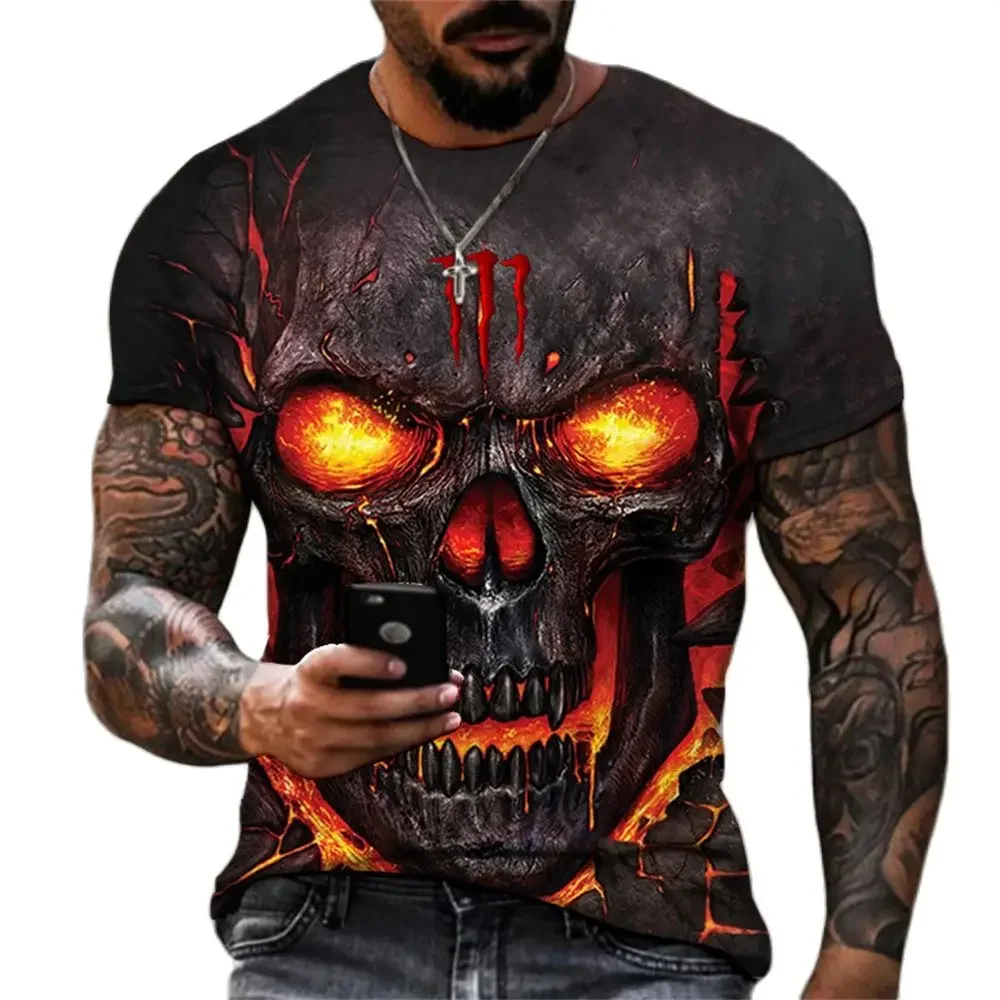 3D Print Summer Horror Skull Men's 6XL T-shirt Skeleton Street Rock Hip-Hop Top & Tee