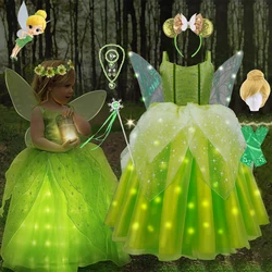 Girls Tinkerbell Fairy Dresses LED Light Up for Girls Costume Kids Cosplay Flower Fairy Princess Clothes Christmas Party Outfit