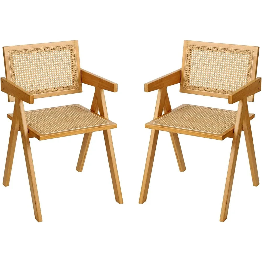 Rattan Dining Chairs Set of 2, Modern Mid Century Style, Comfortable Outdoor Chairs with Armrests