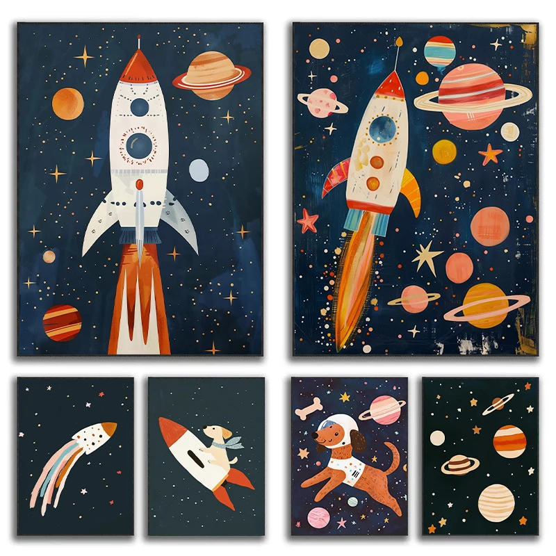 

Постеры с мультяшными космическими ракетами, космическими планетами, животными и космонавтами, печать на холсте, настенные картины для игровой комнаты, домашнего декора, подарки