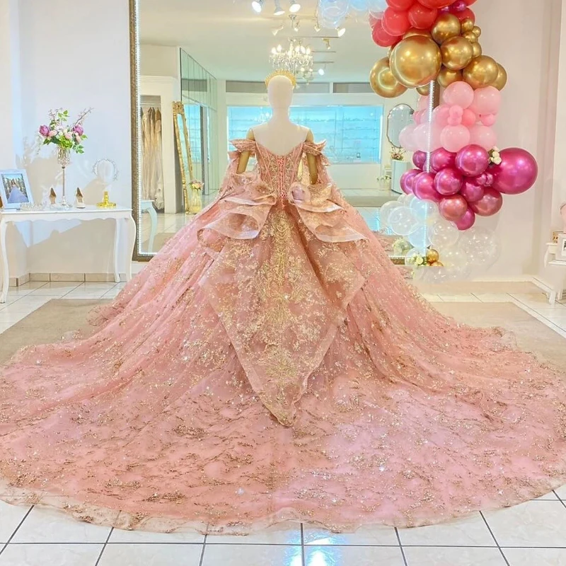 Pink Glitter Quinceanera Ball Gown Off The Shoulder Sequins Gold Applique Lace Beads Crystal Prom Dresses Sweet 16 Dress Vestido