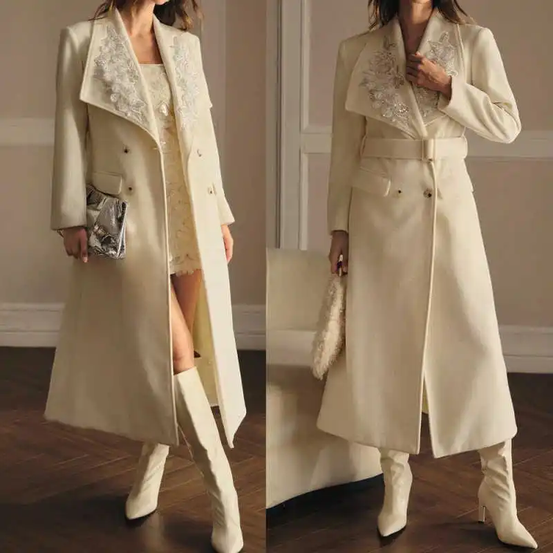 

Elegant Beaded Appliques Women Long Overcoat Double Breasted Office Ladies Work Jacket Winter Customized One Piece