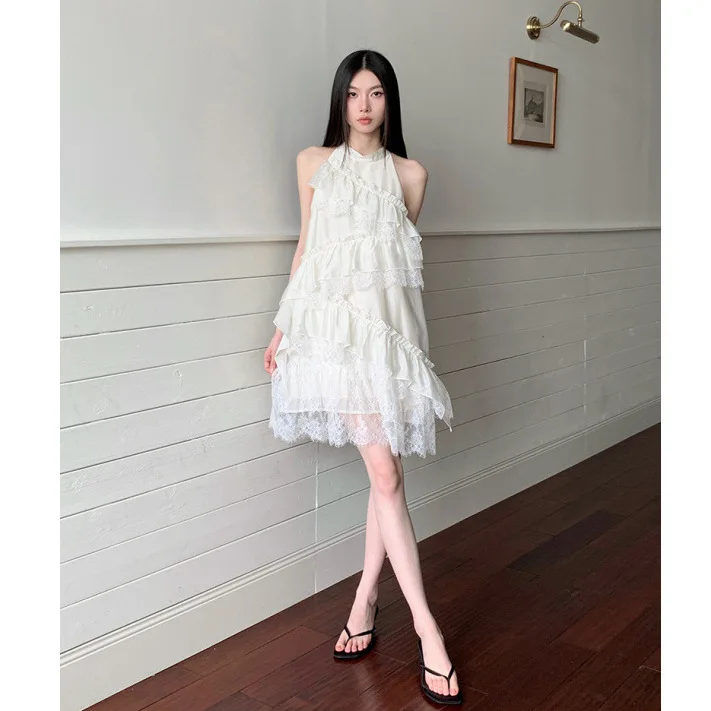 Francês elegância renda-painel de malha branca babados em camadas bolo saia para mulheres verão sem mangas príncipes fada mini vestido linha a