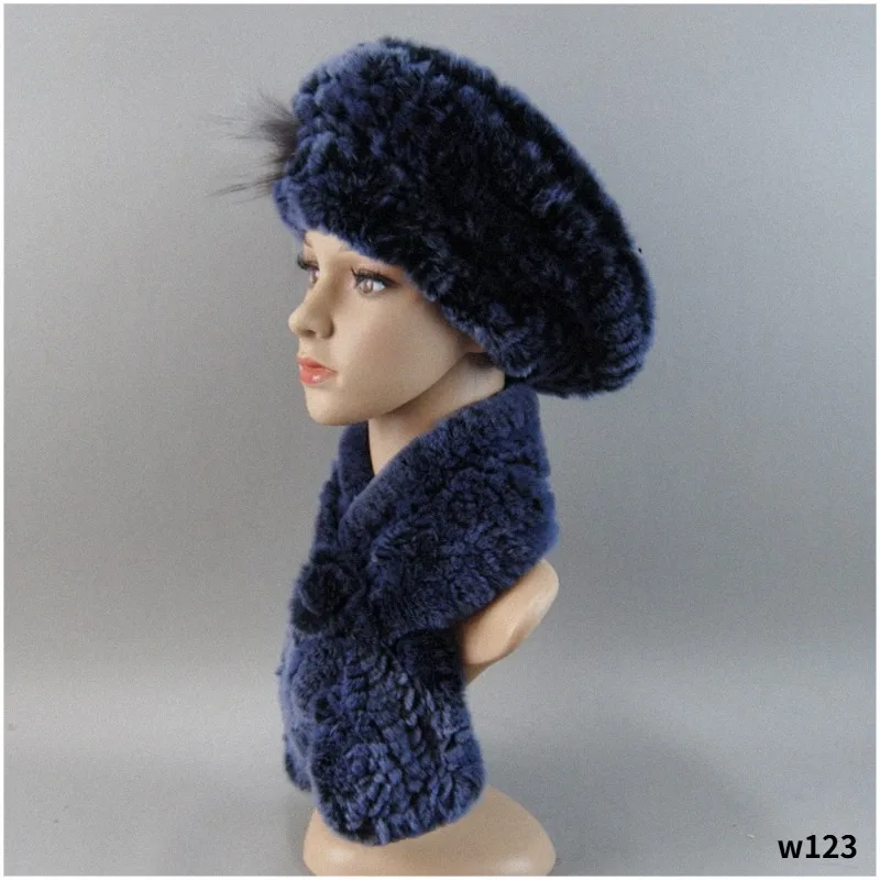 New Winter Rex Rabbit Fur Hats Scarves Women Fashion 100% Genuine Knit Fur Caps Scarves Sets Lady Warm Real Fur Hat Muffler