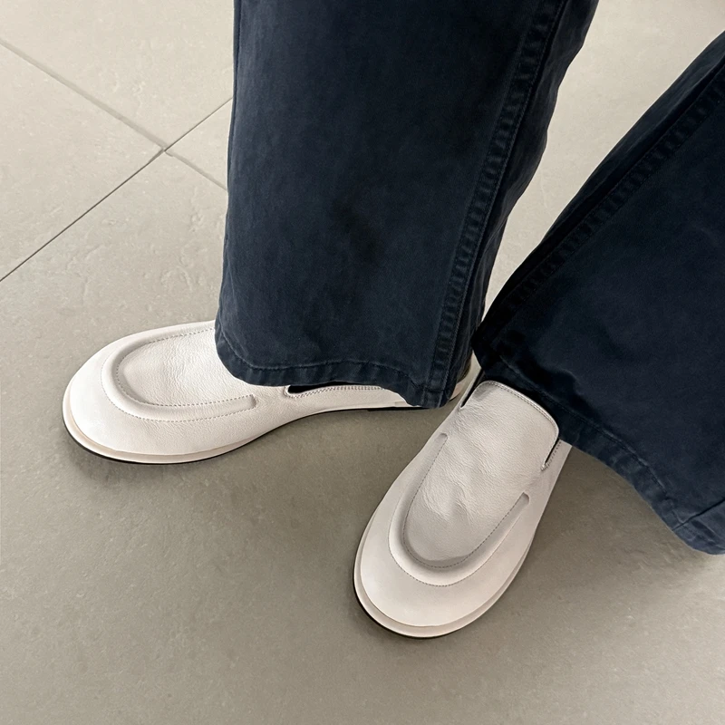 

Новые модные женские туфли-балетки из натуральной кожи, повседневные слипоны без застежек, весенние туфли-мюли с круглым носком для женщин