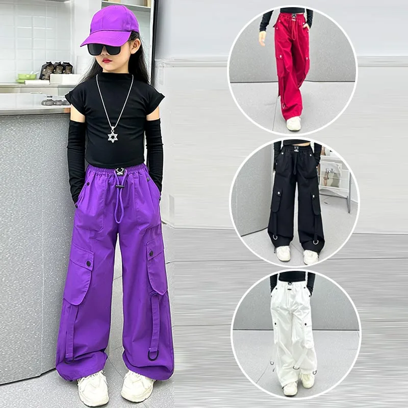 Jazz Dance Fashion Clothes Girls Hip Hop Performance Costume Kids Kpop Stage Outfit Black Tops Purple Cargo Pants Dancewear 1497