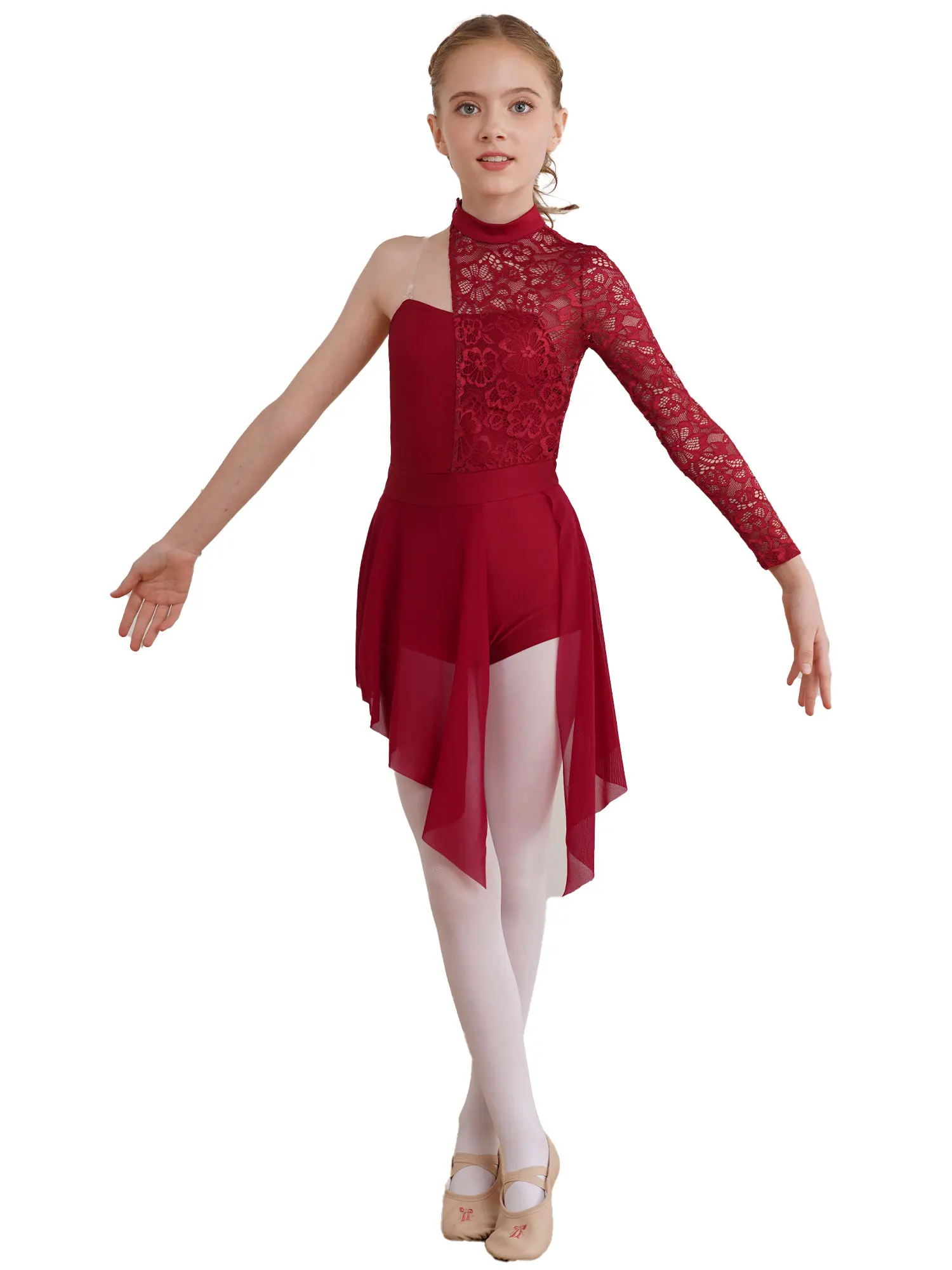 Kids Girls Modern Lyrical Dance Leotard Dress Figure Skating Gymnastics Ballet Dance Floral Lace Bodice Jazz Cha-cha Dancewear