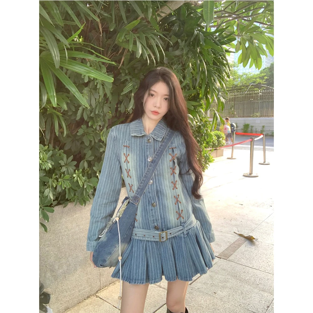 

Vintage Denim Pleated Dress for Women Lapel Collar Long Sleeve Outfit Jean Vestidos Female Spring Summer Fashion Commute Frocks