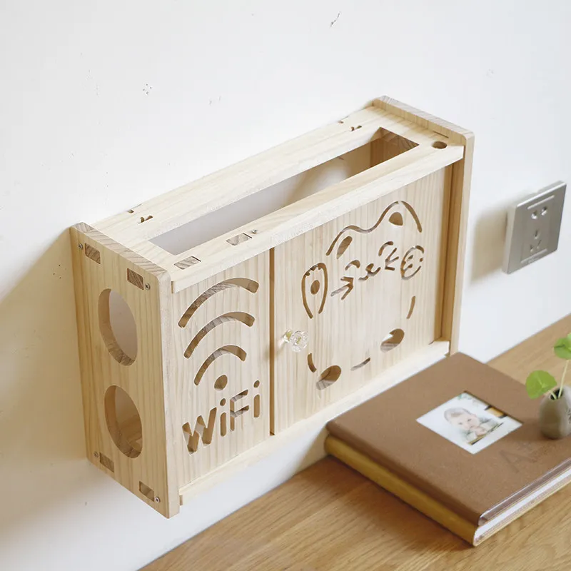Drill Wall‑Mount Solid Wood WiFi Router Storage Box Wall Hanging Decorative Cover Box Hide Router Modem HomeWall Organizer Shelf
