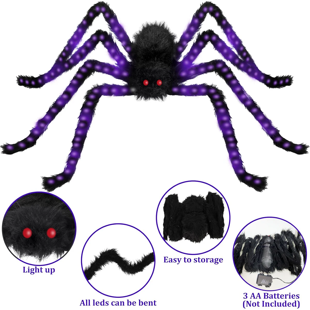 1Pack Halloween Spider with 144LED Copper Wire Lights Purple Light Waterproof Battery Powered For Home Outdoor Halloween Decor