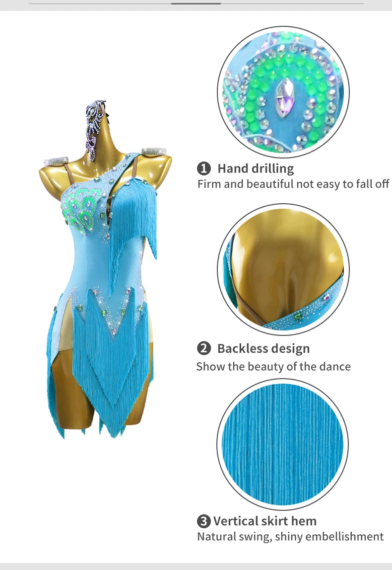 Lateinamerikanisches Tanzkleid, Partykleidung, Tanzbekleidung für Damen, lyrisches Kostüm, Ballsaal-, Karnevals-, Bühnen- und Abendgarderobe, elegantes Party- und Auftrittsoutfit. – Detail 6