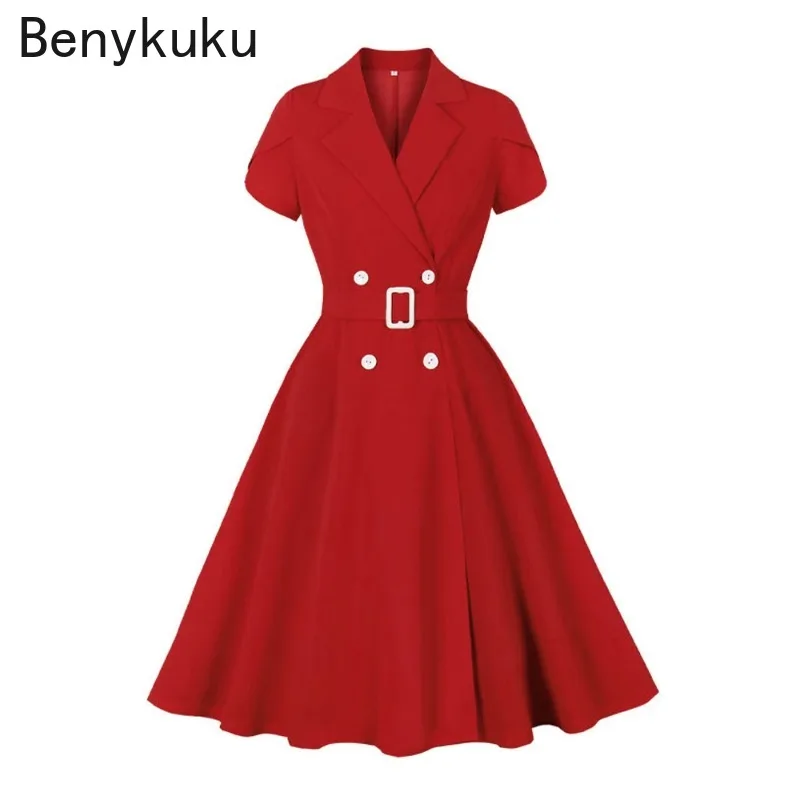 

Notched Collar Petal Sleeve Elegant Formal Red Long Dresses for Women Double Breasted Vintage Belted Summer Clothes Tea Dress