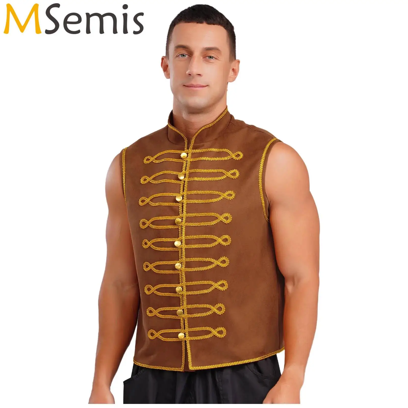

Mens Halloween Medieval Renaissance Cosplay Costume Punk Costume Stand Collar Gold Trimming Gold Buttons Retro Pirate Vest Tops