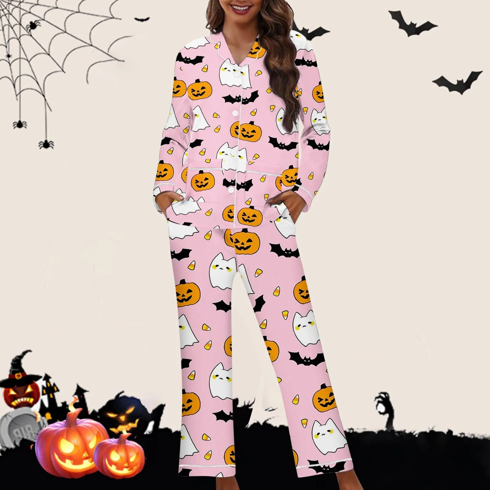 Women Halloween 2 Pieces Pajama Set Pumpkin Print Short Sleeve Button Closure Shirt with Pants Autumn Sleepwear Loungewear