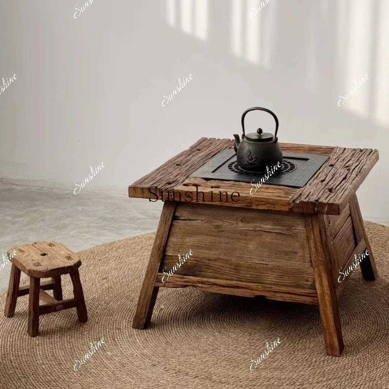 Wabi-sabi wind enclosed stove brewing tea fire pond small square table household balcony outdoor coffee table  FT