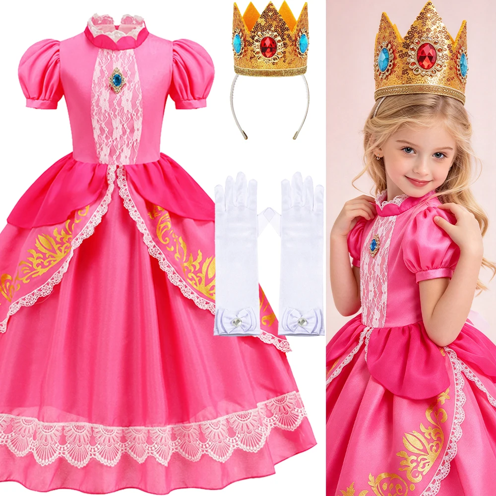 Girls Pink Princess Costume with Crown Gloves Kids Royal Ball Gown Dress Up 3-10Y