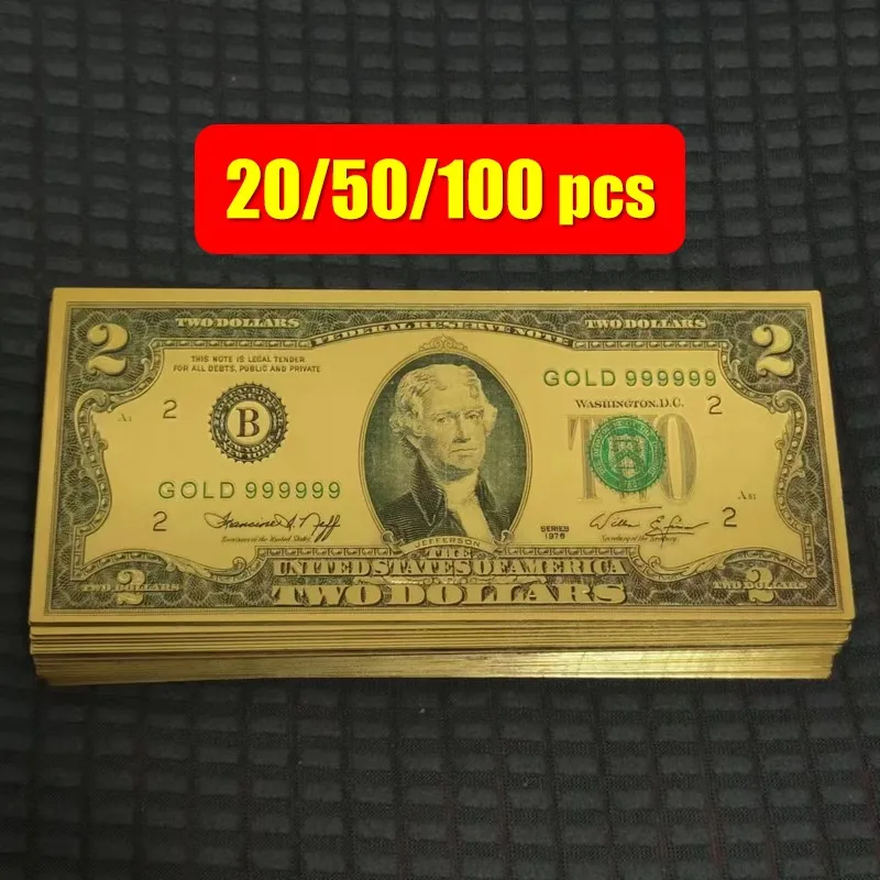 

20~100pcs USA 24k Gold Banknote 2 Dollars Bills Fake Dollars USD Paper Money Banknotes Crafts for Collection