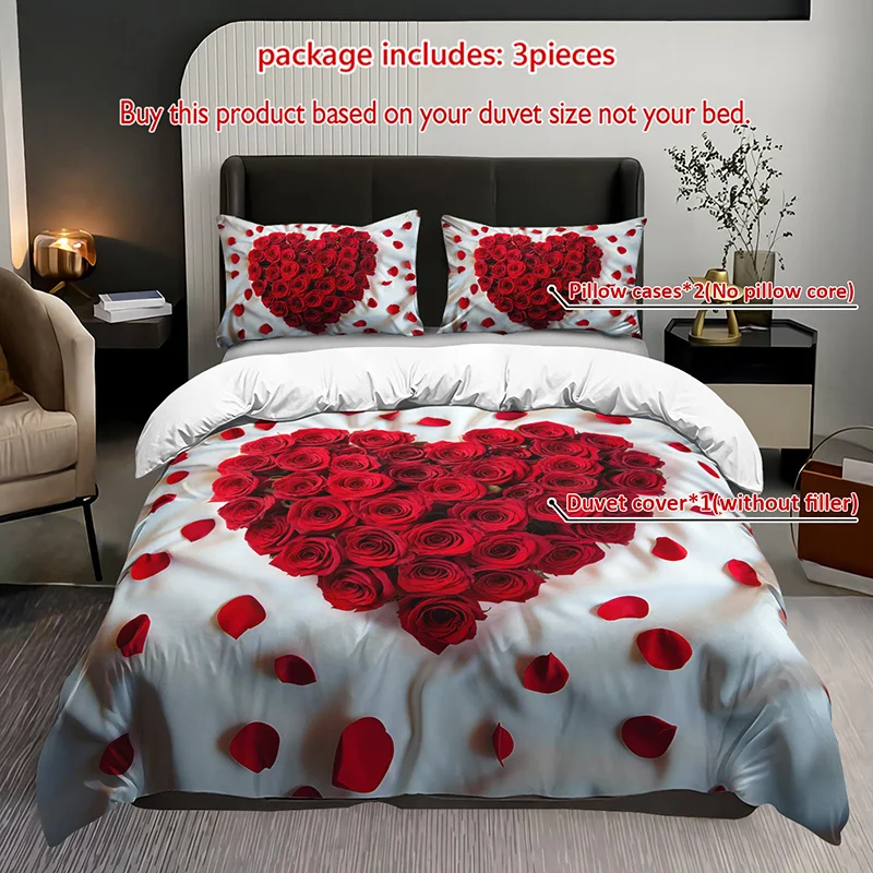 

3pcs Romantic Red Roses Heart Bedding Duvet Cover Set Valentine's Day Bedding Quilt Set Floral Themed Bed Quilt Set Love