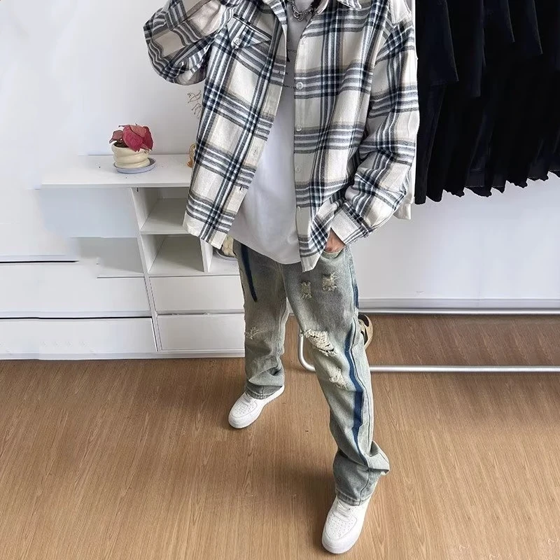 

Autumn Winter plus Size 300 Pou Korean Sle Vibe Color Blo High Street Yellow Mud Dyed Men's INS Hole Cool Long Jeans