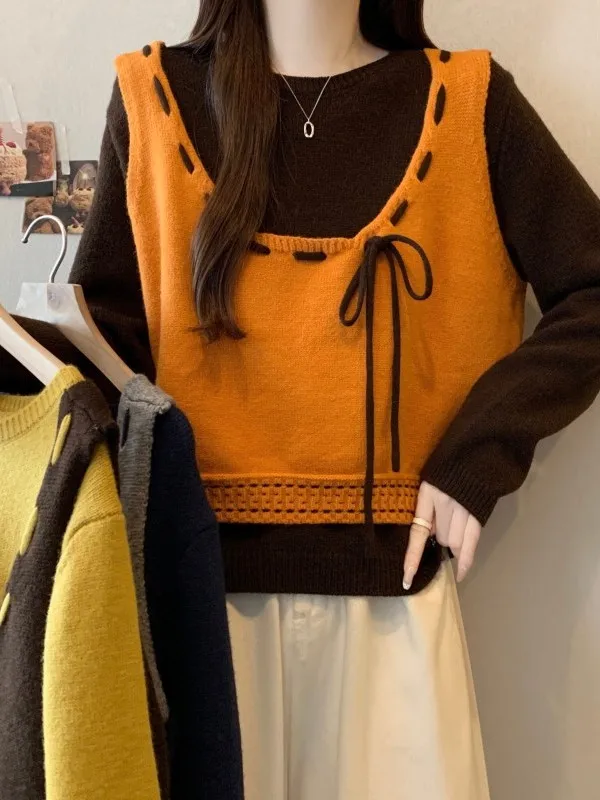 

Anti-Aging plus Size Women's Knitted Long Sleeve Set with Knot Autumn Winter Fashion Casual Loose Fit Two-Piece Suit