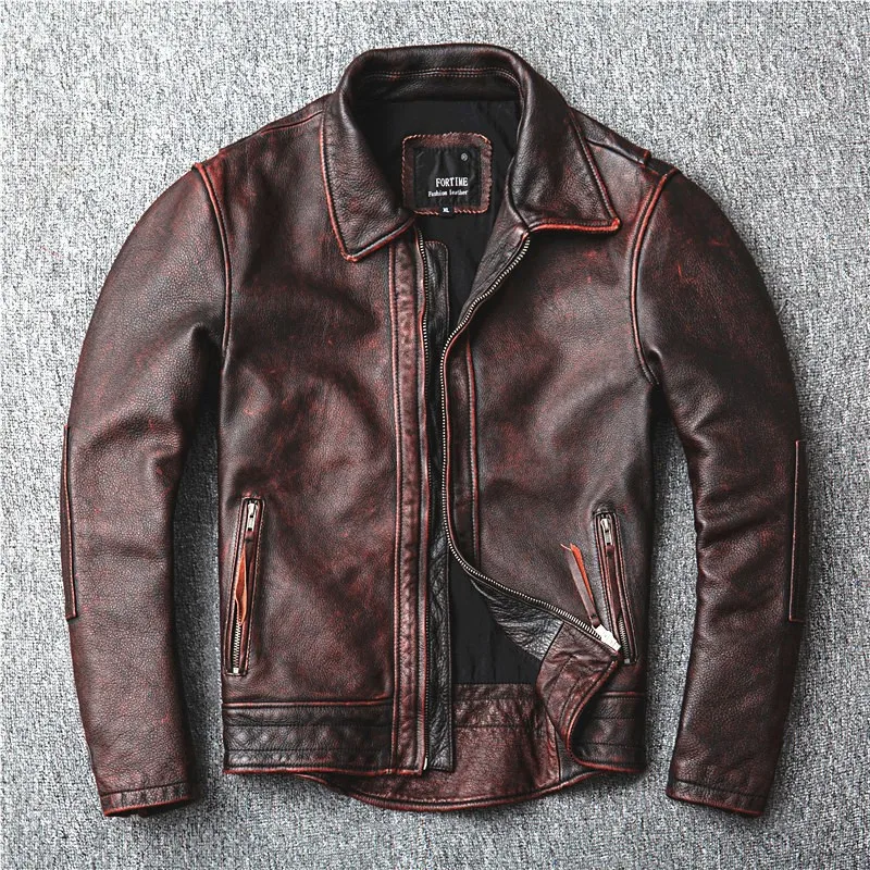 

New red-brown top-grain cowhide leather for men's motorcycle tailcoat