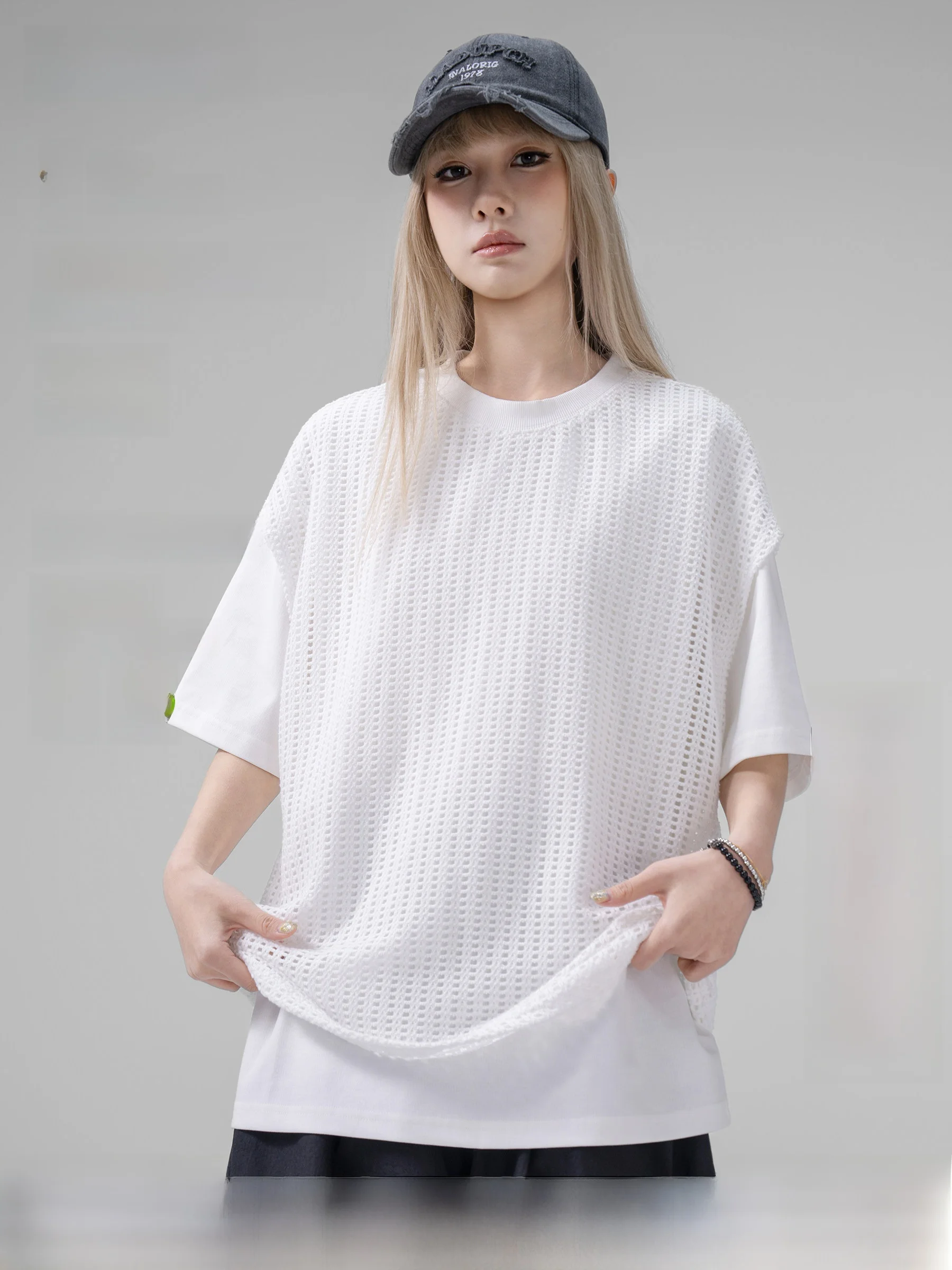 AOGZ Ice Silk Cool Feeling Hollow out Short Sleeve T-Shirt Men's Summer Design Sense Five-Quarter Sleeve Loose Fit Casual Style