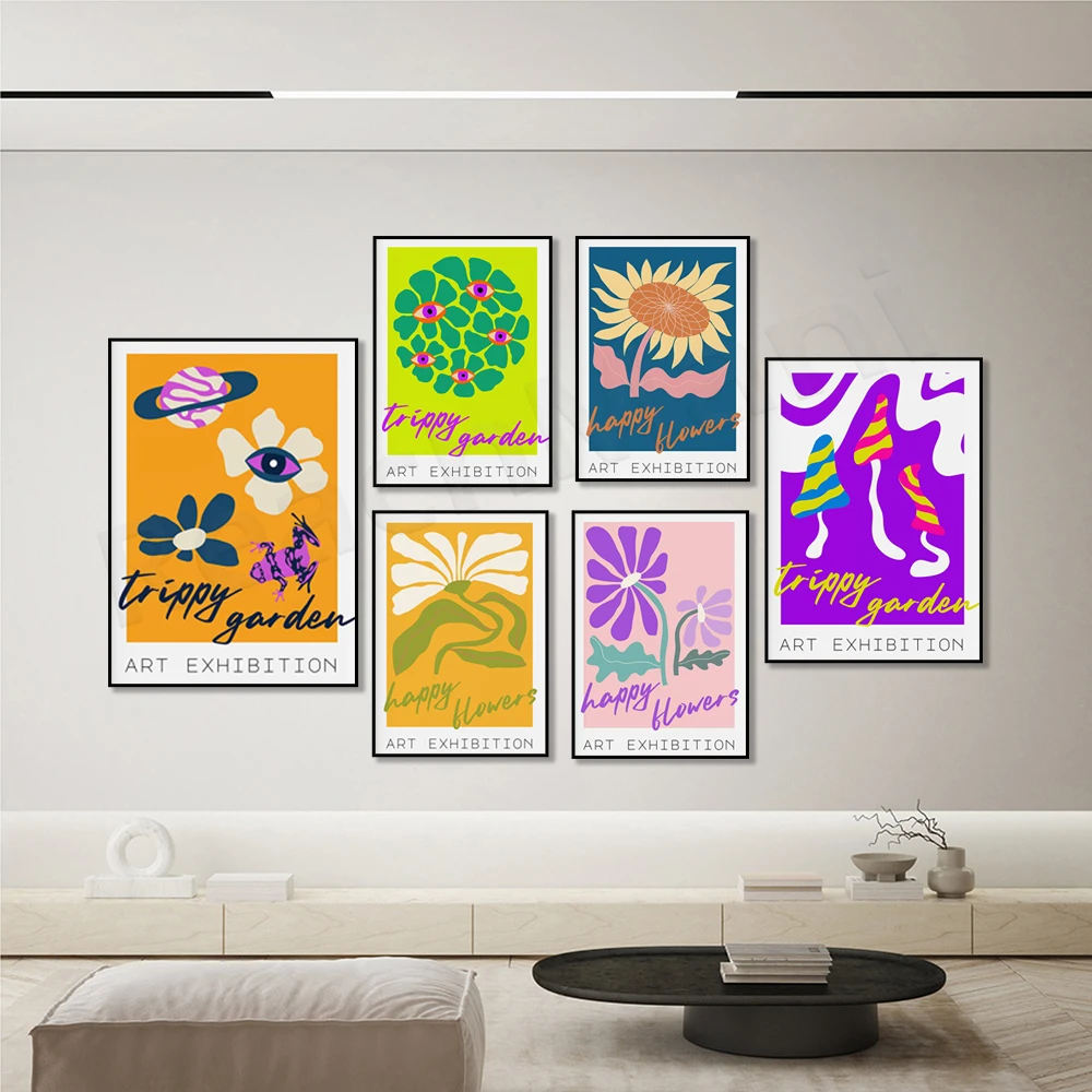 Happy floral poster, psychedelic garden art, psychedelic all-seeing dazzling, colorful, surreal, garden, psychedelic hippie