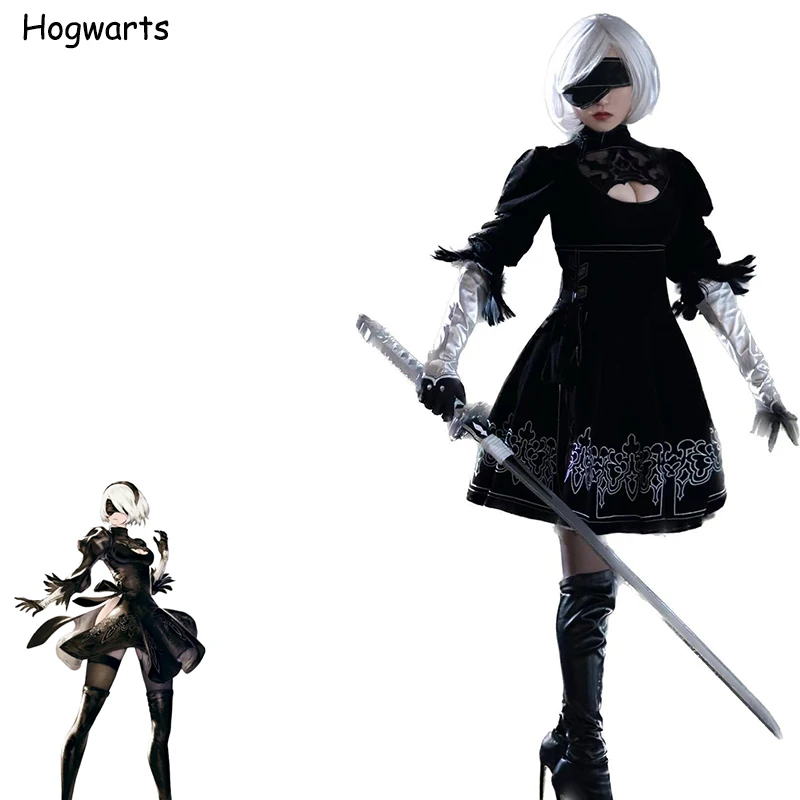 Yorha 2B Cosplay Costume Black Leotard Dress Halloween Role Play Outfits Wig for Women Girls