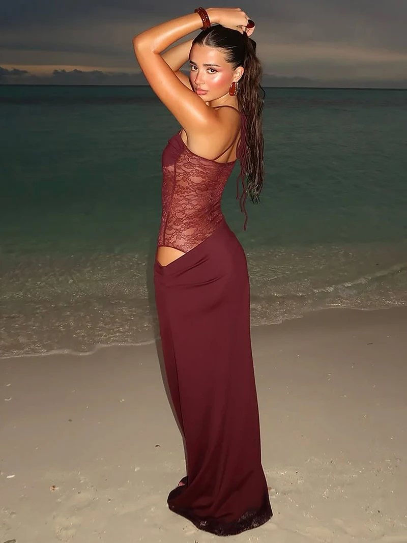 DGLUKE cravate sangle moulante robe Maxi femmes découpé drapé longue robe dentelle Patchwork élégant plage robes de soirée